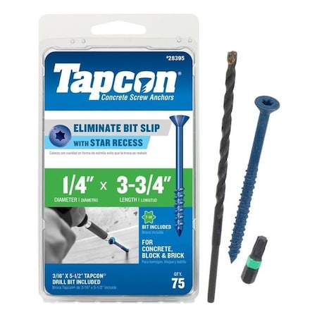 Tapcon Concrete Screw, 1/4 Dia., Flat, 3 3/4 In L, Steel Climaseal Coated